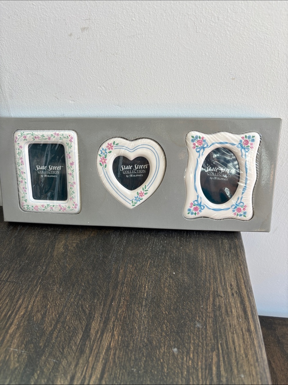 Vintage Burnes of Boston frames, set of 3, ceramic, white, pink/blue flowers